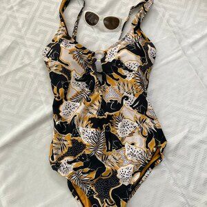BCBG Paris Gold Black Tropical Black Cougar One Piece Swimsuit  2 X Large NWT